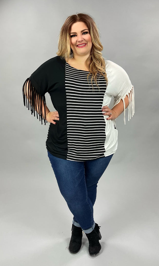 88 CP-A {Leader Of The Pack} Black/Ivory Striped Top W/Fringe PLUS SIZE 1X 2X 3X***SALE***