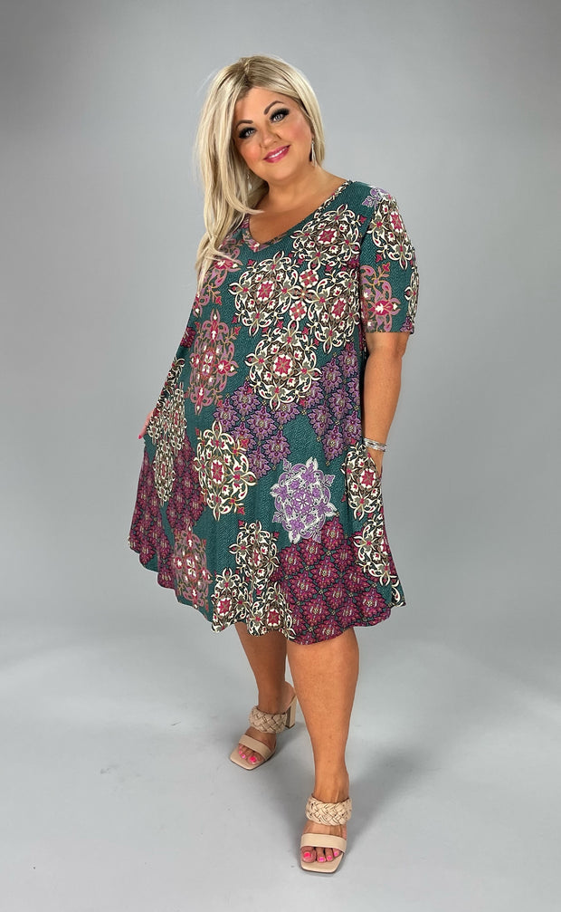 75 PSS-C {Come Along With Me} Hunter Green Print V-Neck Dress EXTENDED PLUS SIZE 3X 4X 5X