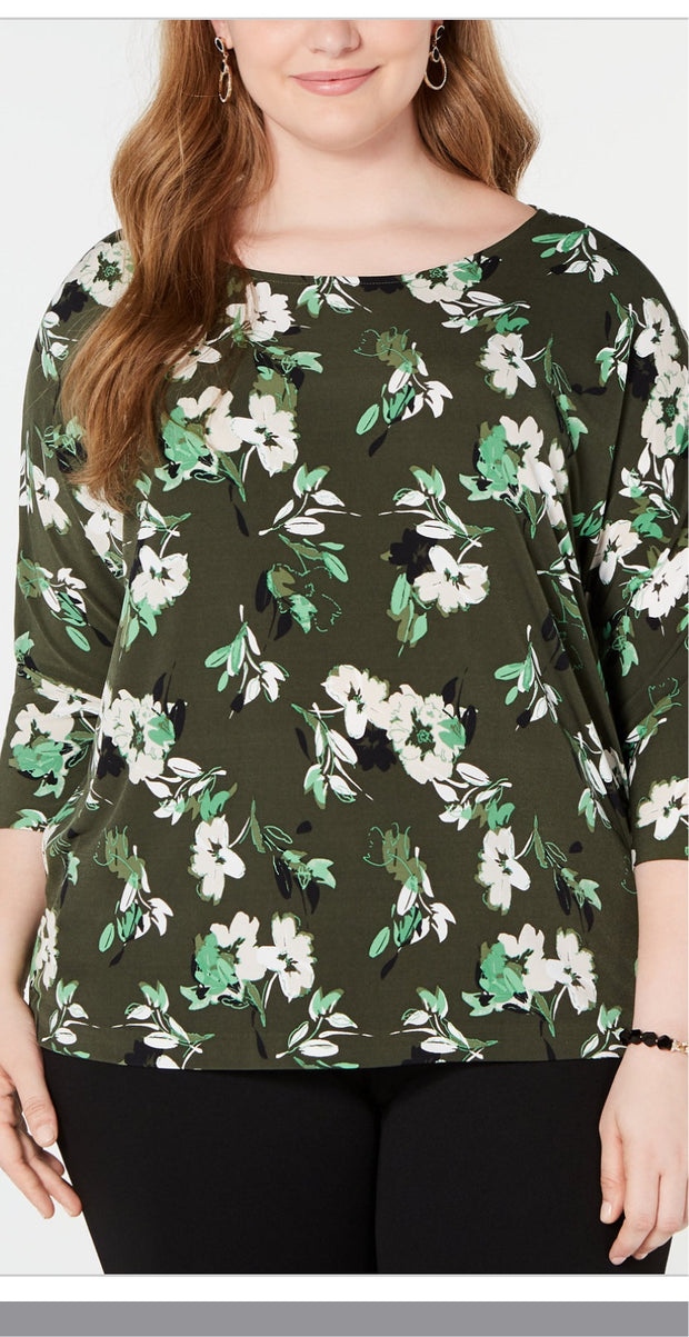 PQ-A  M-109 {Alfani} Green Floral Print 3/4 Sleeve Top Retail 65.50***FLASH SALE***