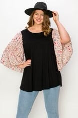 21 CP-R {Defining Moment} Black Top w/Floral Sleeves CURVY BRAND!!! EXTENDED PLUS SIZE 4X 5X 6X