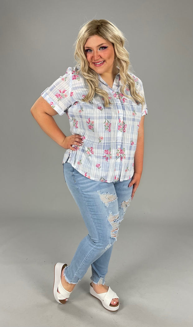 PSS-A  M-109 {Karen Scott} Blue Posey Plaid Cotton Top Retail $46.50 ***FLASH SALE***