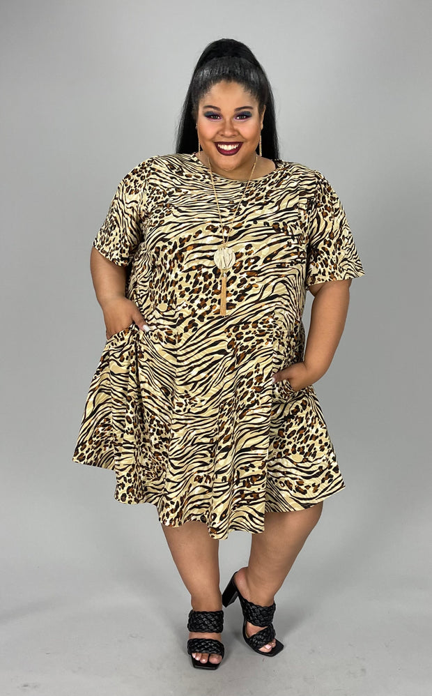 55 PSS-I {Animals Converge}  ***SALE***Taupe Animal Print Dress EXTENDED PLUS SIZE 3X 4X 5X