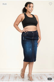 LEG-59 {Lighten The Mood} Dk Indigo Denim Distressed Skirt 1X 2X 3X