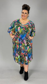 75 PSS-U {Hoping To Fly} Blue Green Butterfly V-Neck Dress EXTENDED PLUS SIZE 3X 4X 5X