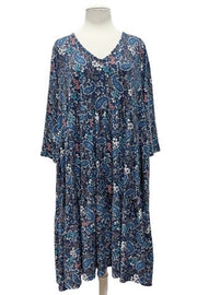 13 PQ-E {Keeping It Sweet} Navy Paisley Print Tiered Dress PLUS SIZE XL 2X 3X