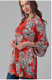 PQ-C {Spice Things Up} Red & Ivory Paisley Bell Sleeve Tunic PLUS SIZE XL 2X 3X