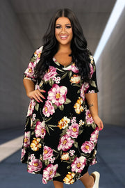 11 PSS-A {Match Your Style} Black Floral V-Neck Dress EXTENDED PLUS SIZE XL 2X 3X 4X 5X