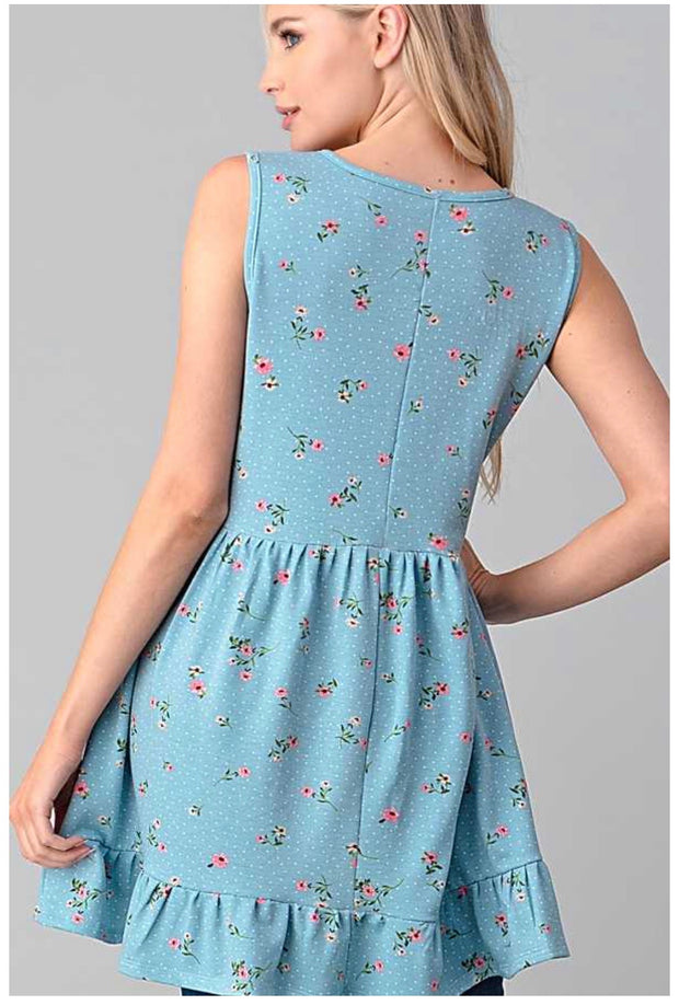 SV-M {Little Details} Blue Sleeveless Tunic Floral & Dot Details PLUS SIZE 1X 2X 3X ***SALE***