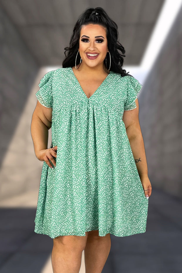 32 PSS-P {Beautiful Thoughts} Green Print Lined Babydoll Dress PLUS SIZE 1X 2X 3X