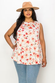 24 SV-G {Happiness In The Flower} Ivory Floral Sleeveless Top PLUS SIZE XL 2X 3X