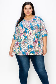 45 PSS-D {I Remember} Blue Floral Babydoll Top  EXTENDED PLUS SIZE 3X 4X 5X