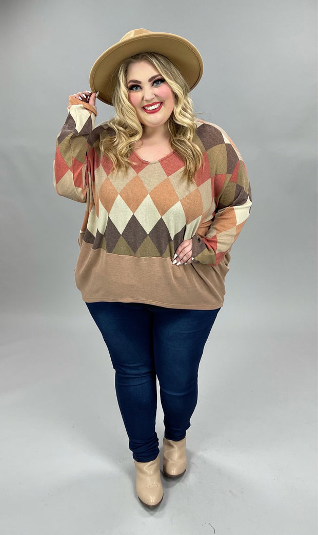 78 CP-A {Put To The Test} SALE!!! Camel Harlequin Print Top PLUS SIZE 1X 2X 3X