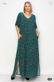 LD-D {Wild Living} Teal Animal Print V-Neck Long Dress EXTENDED PLUS SIZE 3X 4X 5X