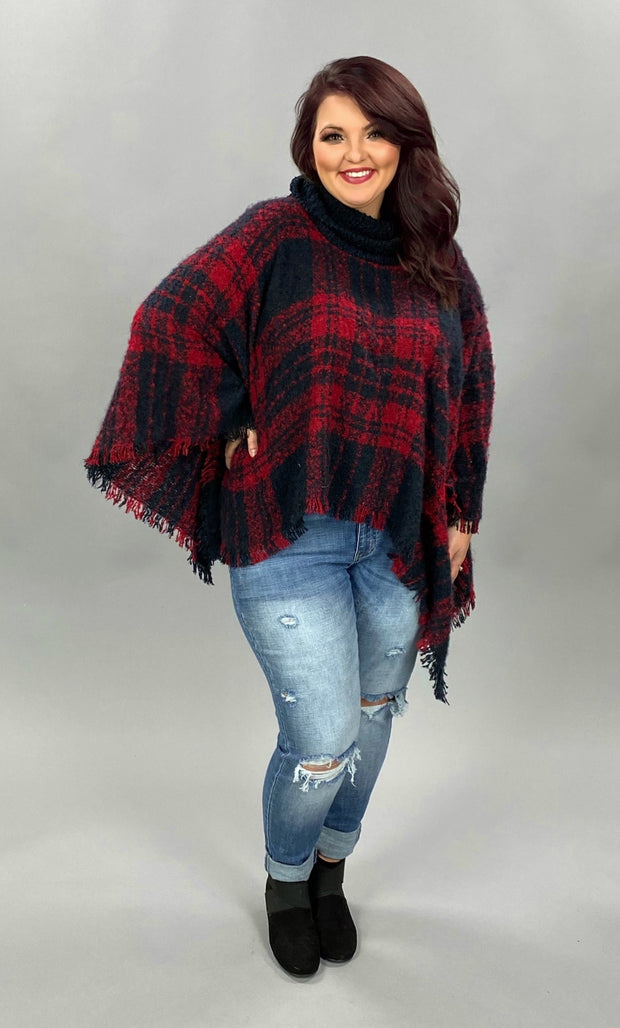 OT-A {Secret Obsession} Red Navy Plaid Knit Poncho PLUS SIZE