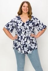 23 PSS-U {Floral Retreat} Navy Floral Babydoll Top CURVY BRAND!!!  EXTENDED PLUS SIZE 4X 5X 6X