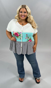 63 CP-C {Lovely Life}  SALE! Blue Floral & Stripe Contrast Top PLUS SIZE XL 2X 3X