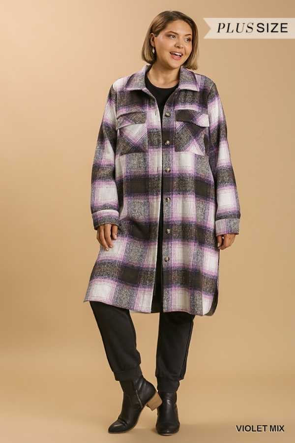 25 OT-L {Win Your Approval} Umgee Violet Mix Plaid Cardigan PLUS SIZE XL 1X 2X