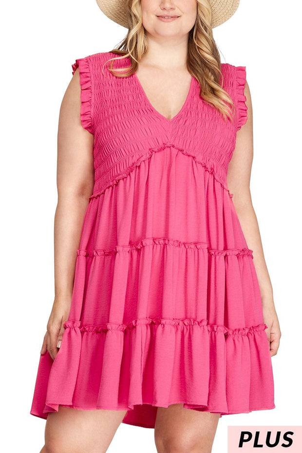 13 SV-R {Kindness Is Free} Hot Pink Smocked Tiered Lined Dress PLUS SIZE XL 1X 2X