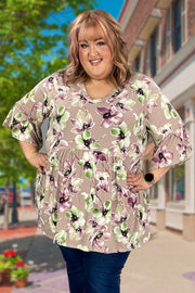 79 PQ-A {Floral Thrills} Mauve Floral Babydoll Top EXTENDED PLUS SIZE 3X 4X 5X