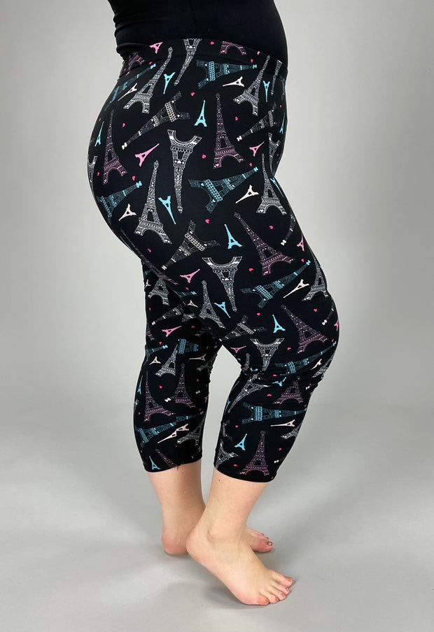 LEG-53 {Let Me Go} Eiffel Tower Print Butter Soft Capri Leggings EXTENDED PLUS SIZE 3X-5X