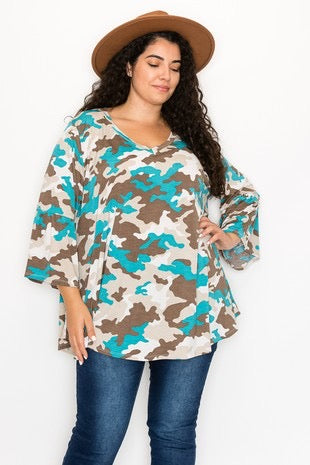 38 PQ-C {Hunt For Teal} Teal Camo V-Neck Ruffle Sleeve Top EXTENDED PLUS SIZE 3X 4X 5X