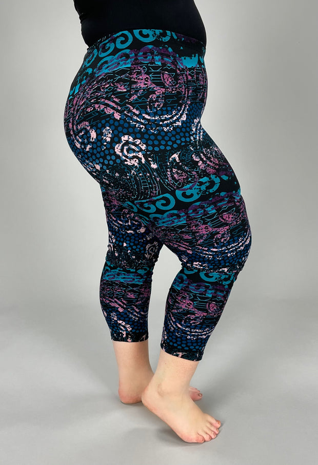 LEG-32 {Mythical Mystery} Teal Multi Printed Butter Soft Capri Leggings  EXTENDED PLUS SIZE 3X/5X