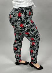 LEG-34  {Puzzled} Gray/Red Puzzle Print Leggings EXTENDED PLUS SIZE 3X/5X