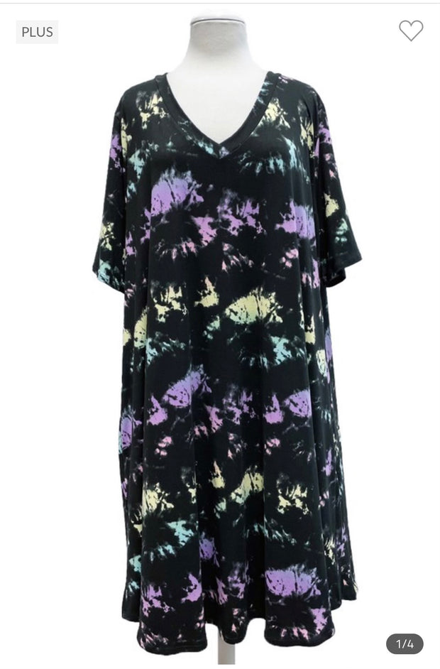 61 PSS-P {After Thought} Black w/Tie Dye V-Neck Dress EXTENDED PLUS SIZE 3X 4X 5X