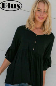 60 OR 25 SSS-A {Easy Does It} Black Babydoll Top Ruffle Sleeve PLUS SIZE 1X 2X 3X