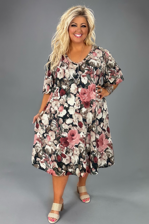 51 PSS-O {Parkside Pretty} Taupe Rose Print V-Neck Dress EXTENDED PLUS SIZE 3X 4X 5X