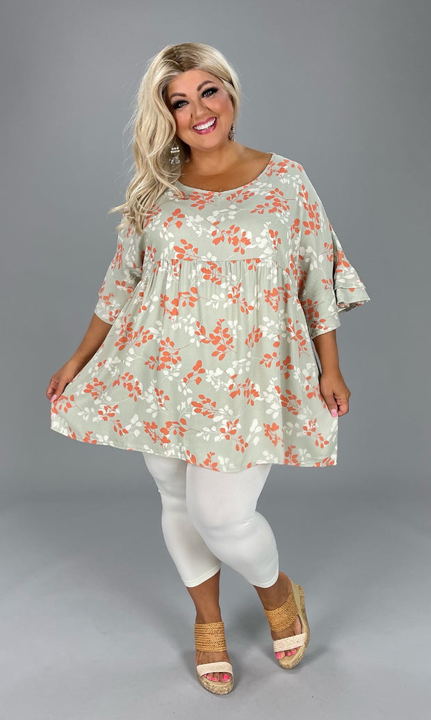 78 PQ-A {Right On The Mark} Soft Sage Print Babydoll Top PLUS SIZE 1X 2X 3X