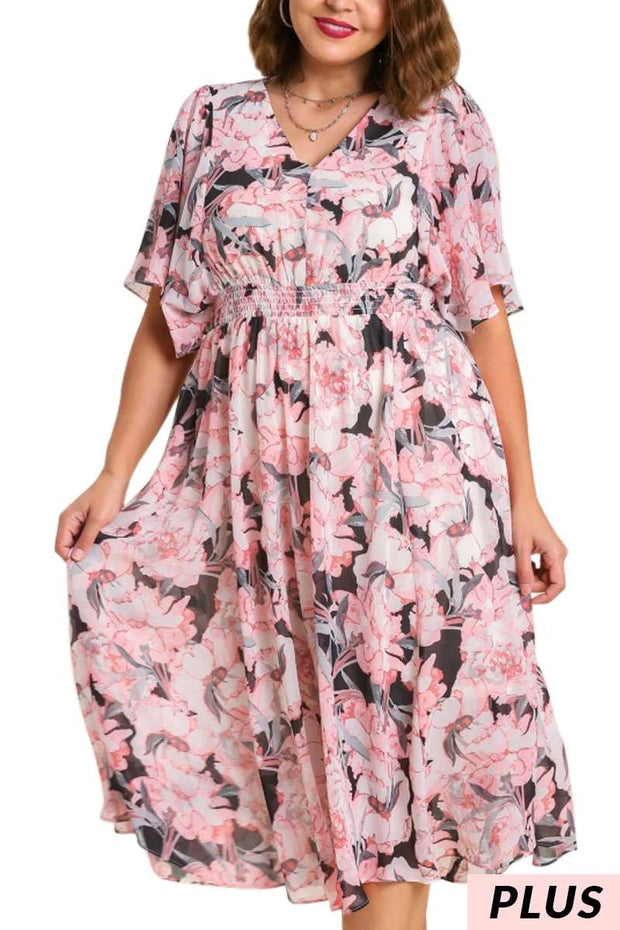 LD-L {Luxury Vibes} Umgee  SALE!! Black/Pink Floral Midi Dress PLUS SIZE XL 1X 2X