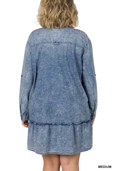 14 SLS-A {Tune Out The Noise}  Med. Denim Chambray Dress PLUS SIZE 1X 2X 3X