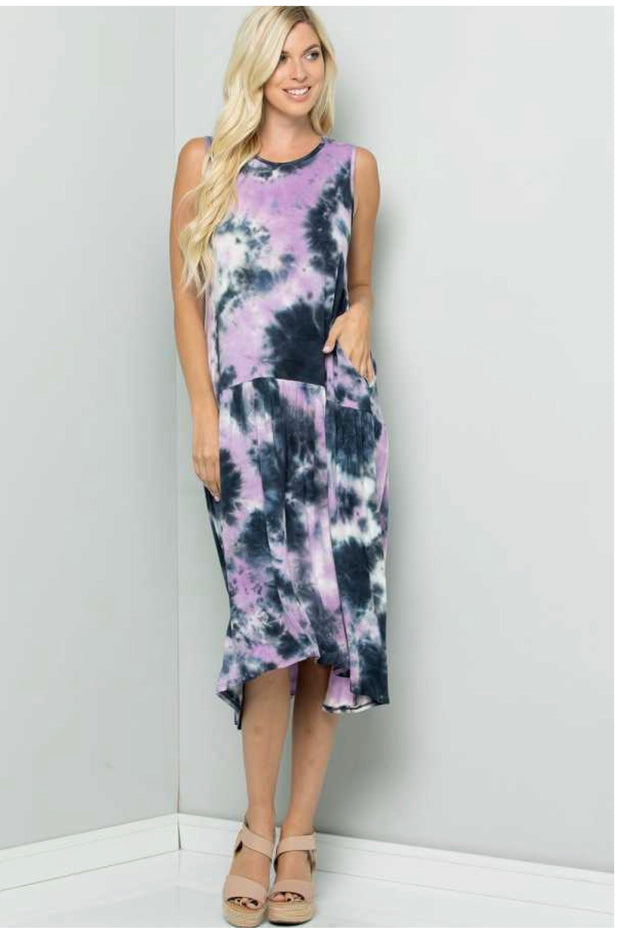 LD-B {Calming Vibes} Navy/Lavender Tie Dye Sleeveless Dress PLUS SIZE 1X 2X 3X SALE!!