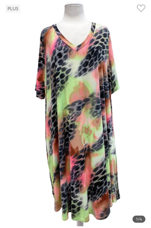 64 PSS-T {Neon Thoughts} Pink Lime Animal V-Neck Dress EXTENDED PLUS SIZE 3X 4X 5X