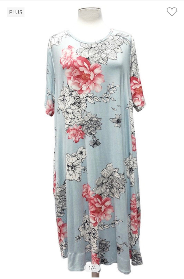 89 PSS-F {Dancing Queen} Sky Blue ***SALE***W/Floral Print Dress PLUS SIZES 1X 2X 3X