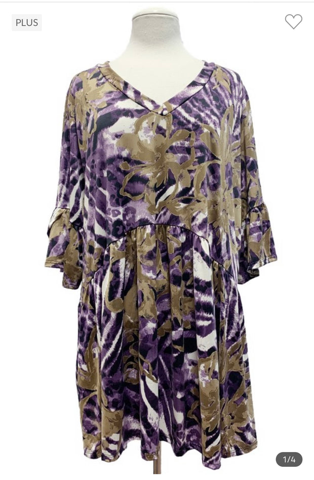 30 PQ-R {Purple Hugs}  Purple Gold Printed Babydoll Top EXTENDED PLUS SIZE 1X 2X 3X 4X 5X