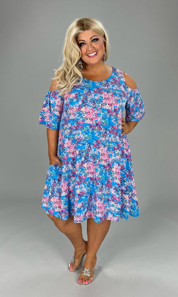 85 OS-B {Art Inspired} Blue Floral Open Shoulder Dress PLUS SIZE 1X 2X 3X