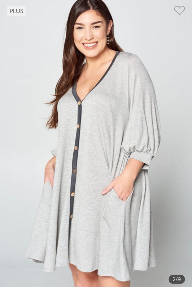 64 SQ-N {Totally Worth It} Gray Lounge Dress with Buttons PLUS SIZE 1X 2X 3X