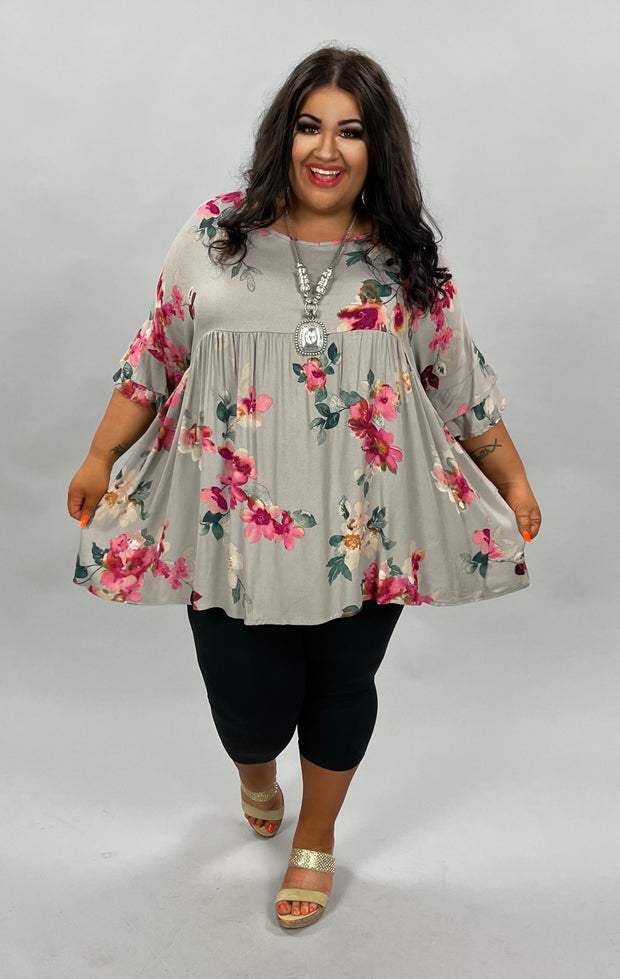 87 PSS-A {Field Of Love} Pewter Floral Babydoll Tunic PLUS SIZE 1X 2X 3X  SALE!!!!