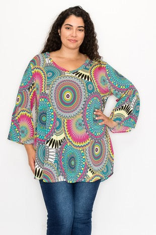 40 PQ-B {Ready For The Fun} Teal/Pink Mandala Print Top EXTENDED PLUS SIZE 3X 4X 5X