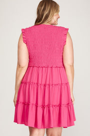 13 SV-R {Kindness Is Free} Hot Pink Smocked Tiered Lined Dress PLUS SIZE XL 1X 2X