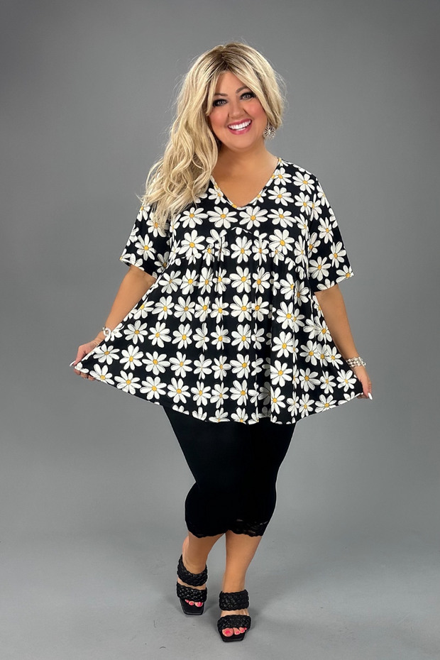 16 PSS-F {Daisy Perfection} Black Daisy Print Babydoll Tunic CURVY BRAND!!!  EXTENDED PLUS SIZE 1X 2X 3X 4X 5X 6X