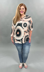 48 PSS-A {Moments Whispered} Peach Grey Medallion Print Top PLUS SIZE XL 2X 3X