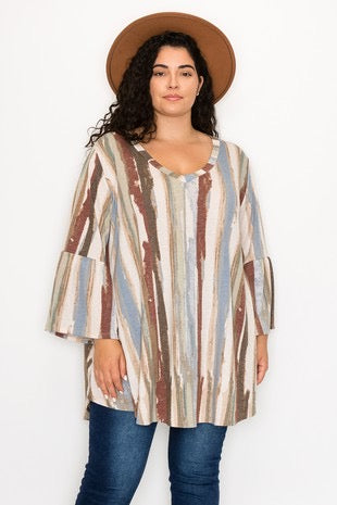 50 PQ-A {Choose Me} Brown V-Neck Stripe Print Tunic EXTENDED PLUS SIZE 3X 4X 5X