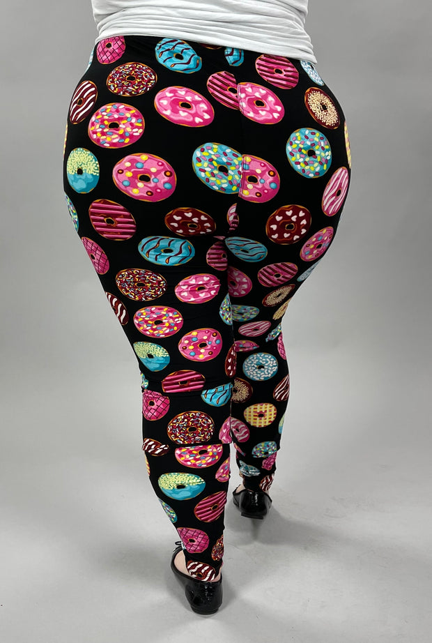 LEG-28 {Donut Shop}  Donut Printed Black Leggings EXTENDED PLUS SIZE