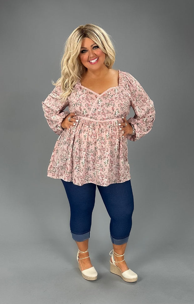 83 PLS-Z {Growing Fonder} Umgee Blush Floral  Babydoll Top PLUS SIZE XL 1X 2X