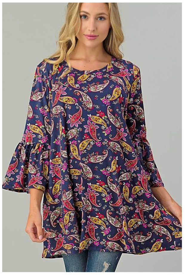 PQ-M {Simple Country LIfe} Navy Tunic W/Multi Color Paisley Print PLUS SIZE 1X 2X 3X