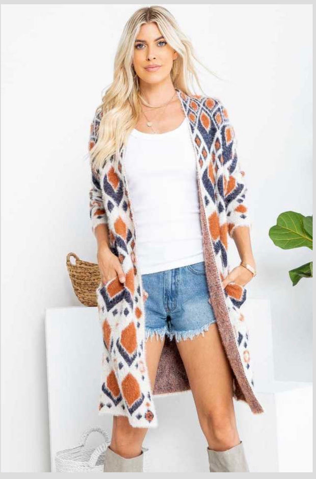 87 OT-A {Desert Vibe}  SALE!!! Rust/Navy Aztec Print Cardigan PLUS SIZE 1X/2X  2X/3X