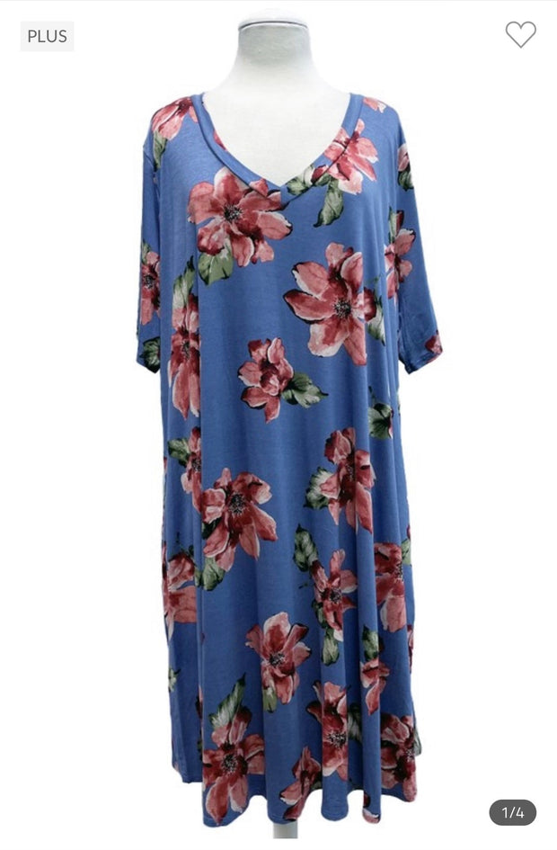 75 PSS-B {What A Vision} Blue  SALE!! Floral V-Neck Dress EXTENDED PLUS SIZE 3X 4X 5X